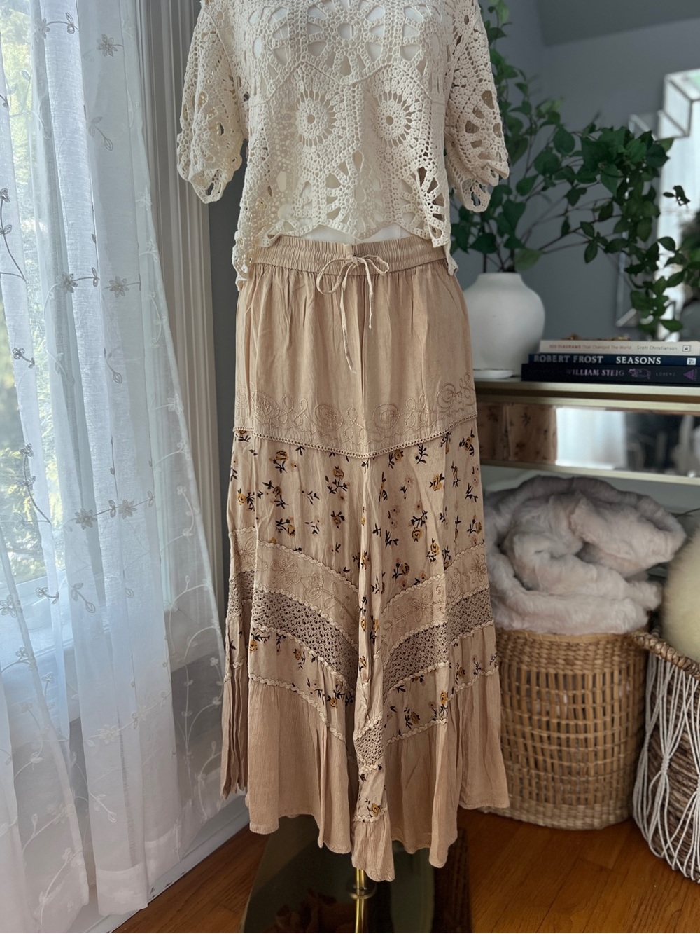 Scully Cream Tan Tiered Boho Floral Maxi Skirt